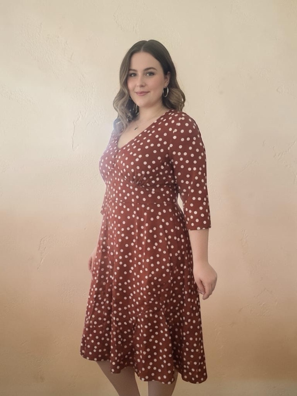 Polka Dot Rust Midi Wrap-Style Dress